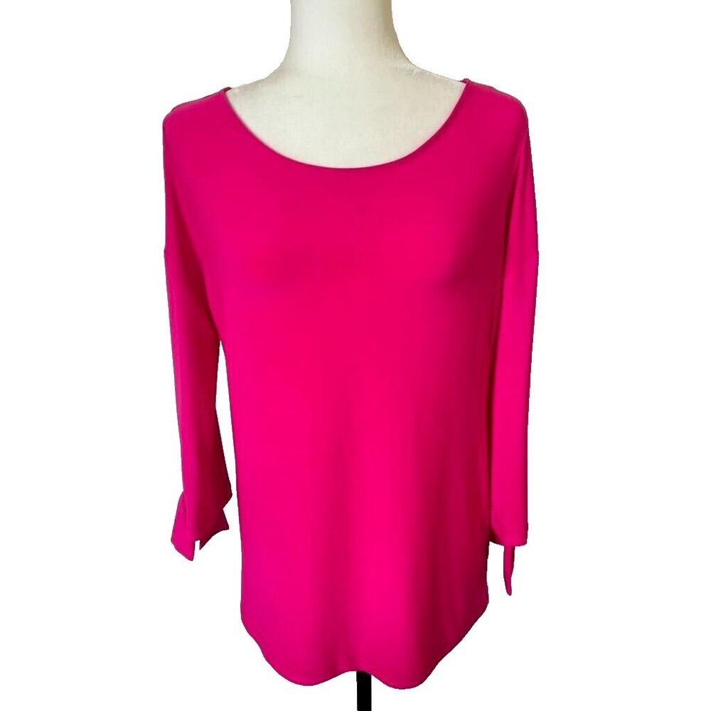 FRANK LYMAN Tunic Top Size 8 Hot Pink 3/4 Tie Sleeves Stretchy Jersey Knit